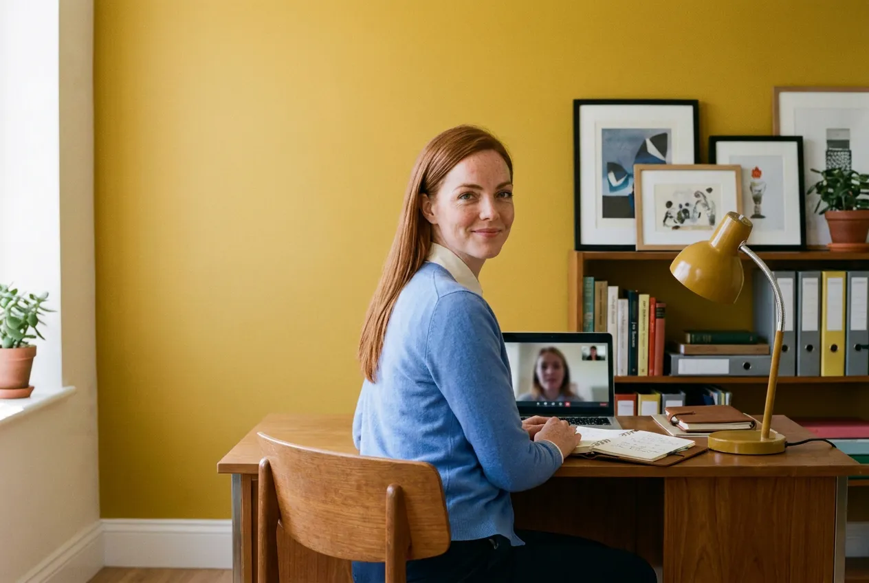 Ada at her desk, turned toward you, a video call open on the laptop beside her
